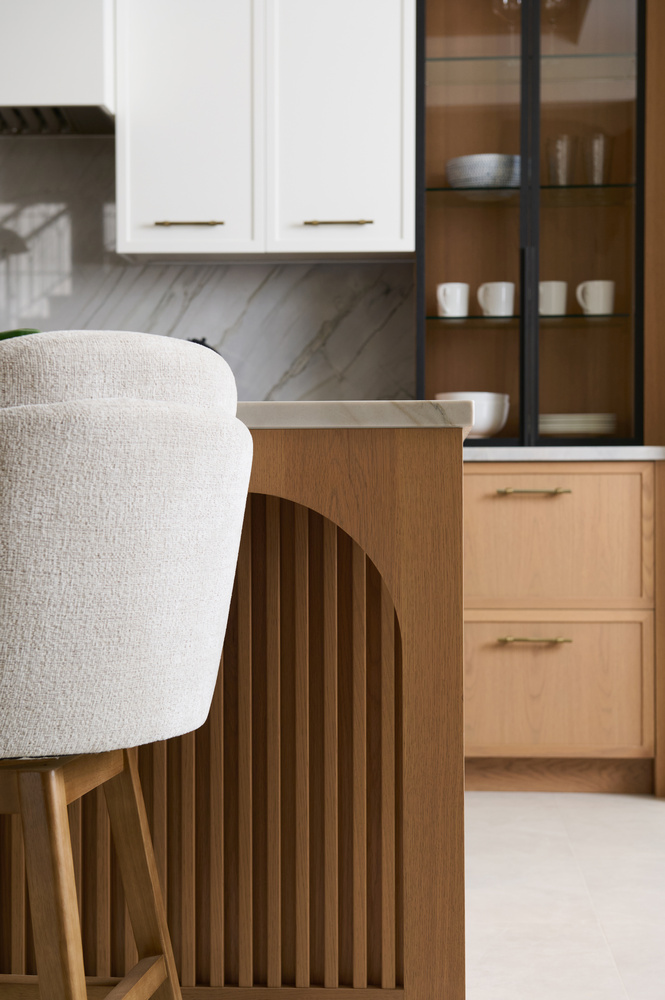 Close-up of custom kitchen island and barstool by DesignLab in a Falls Church, VA custom home