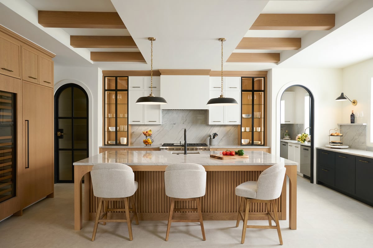 Contemporary kitchen remodel with wood ceiling beams and open shelving by DesignLab in the Washington, D.C. Metro